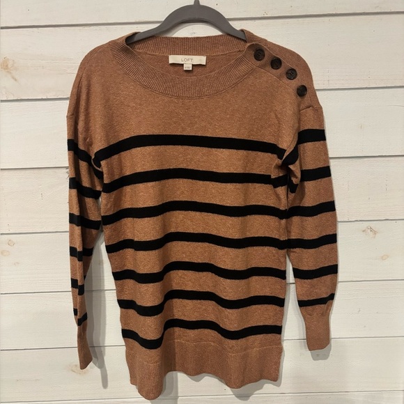 LOFT Camel/Tan and Black Striped Crew Neck Sweater with Button details . - Picture 1 of 13